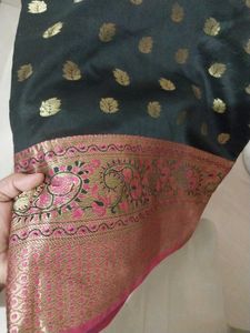 Elegant Bright Black N Pink Saree