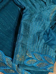Beautiful Teal Blue Chiffon Georgette Saree with S