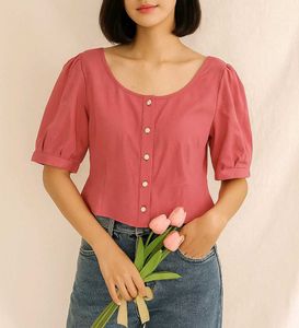 Pink Buttons Down Puffed Sleeve