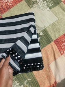 Black &amp; White Striped  Sequined Border Saree