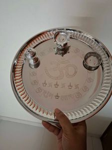 Om Engraved Steel Pooja Thali Free Incense Burner