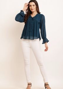 Teal Tie-Neck Pleated Top