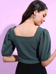 Tokyo Talkies Chic Green Puff Sleeve Top