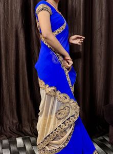 Beautiful Royal Blue Saree with Gold Lace