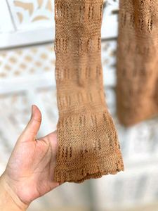 Elegant Brown Lace Knit Long Sleeves Cardigan C