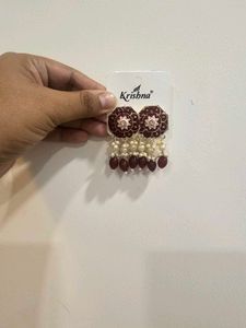 ✨ Statement Maroon &amp; Pearl Earrings