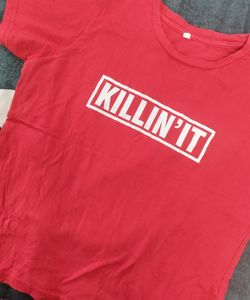 red tshirt half sleeves, goes well on black jeans and also tracks, bust size -36
