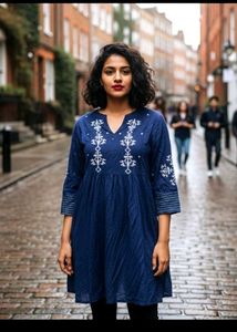 Blue Embroidered Dress/Kurta with adjustable waist