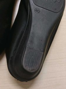Black Peep-Toe Flats with Gold Accent