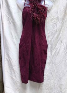 I. Burgundy Feathered Dress
