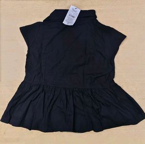 Cuban Collar Cap Sleeve Tie-Up Neck Peplum Top