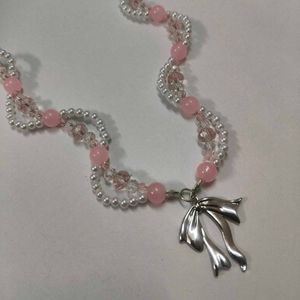 Pink Beaded Bow Necklace