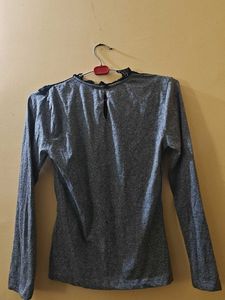 Gray Long Sleeve Top with Lace Collar