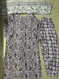 Purple &amp; White Printed Kurta Set