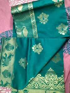 Teal Green Saree with Golden Zari Work