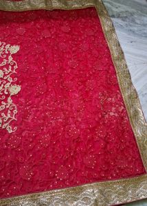 Pink &amp; Gold Embroidered Net Saree