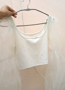 White 🤍 Balloon Sleeve Crop Top Shien
