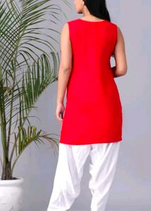 Red Kurta with White Dupatta Set