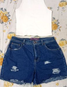 Denim Shorts With White Tank Top