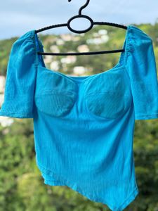 Blue Corduroy Puff Sleeve Top