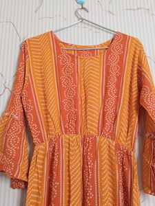 New Orange &amp; White Print Dress Bandhej