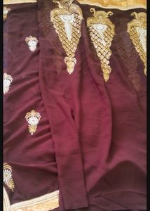 Embroidered marron Saree attach bouse Pisce