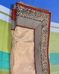 Brown Sari With Border Stone Embroidery
