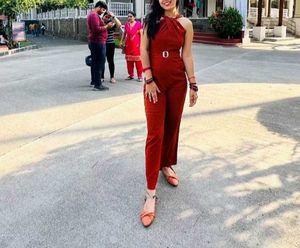 Chic Rust-Colored Halter Jumpsuit