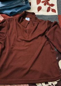 Brown Ribbed Long Sleeve Polo Top