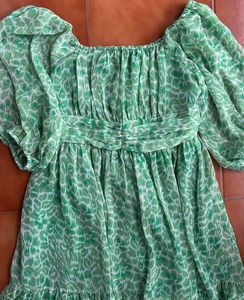 Green Sheer Puff Sleeve Dress