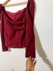Shein Wine Red Deep Neck Full Sleeve Top