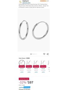 925 Silver Hoop Earrings 12mm Diameter 2mm Thick