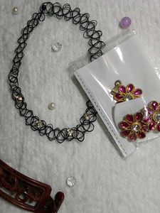 Ethnic Earrings + Black Necklace + Hair Accessorie