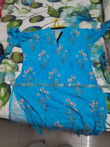 Blue Floral Kurta side cuts available no flaws