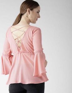 U&amp;F Casual Bell Sleeves Solid Women Pink Top