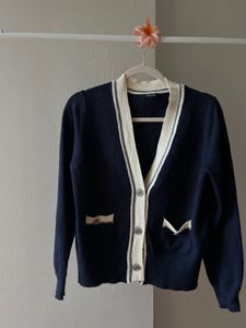 Navy Blue V neck Buttoned Cardigan