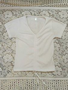 White Ribbed Drawstring Crop Top