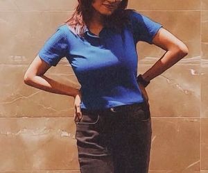 Blue Fitted Knit Cotton Top