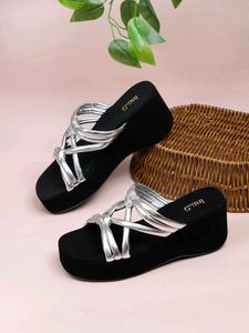 Women Silver Strapy Open Toe Wedge Heels With Knot