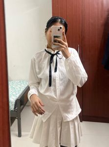 White Bow Tie Blouse & Skirt Set