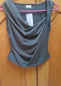 Grey Tank Top With One Side Twisted Sleeve