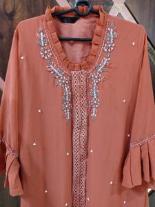 New Coral Pink Work Georgette kurti pan