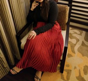 Red Accordion Pleated Satin Finish Flared Skirt