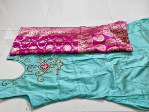 Elegant Blue Dress with Pink Dupatta