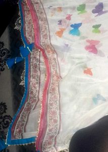 Blue Anarkali With White Butterfly Dupatta