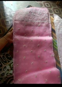 Pink Embroidery saree with white blouse piece