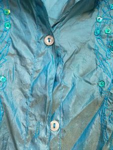 Teal Embroidered Long Sleeve crinkle Shirt