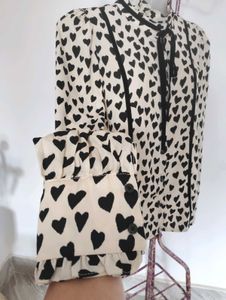 Heart Print Tie Neck Blouse