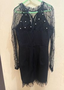 SHEIN Black Pearl-Embellished Mesh Sleeve Bodycon