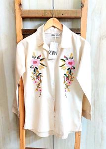 Baige Colour Embroidery Work Cotton Shirt Size-36